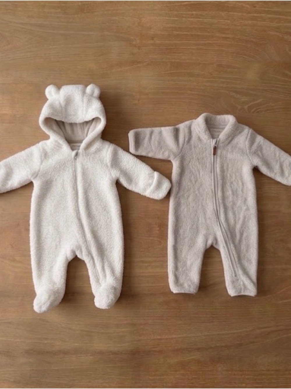 Set of 2 Cream/Beige Sherpa Baby Footed One-Piece with Hood 3months